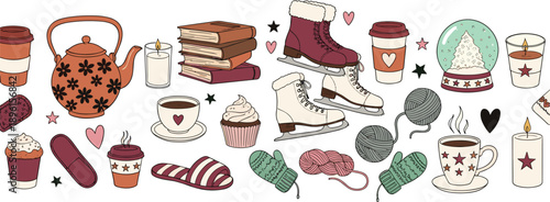 Cozy Winter Hygge Vector Set with Tea Coffee Candles Skates Snow Globe Knitting and Warm Home Elements