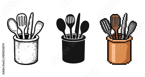 Triple kitchen utensil sets: vintage, silhouette, pixel art styles