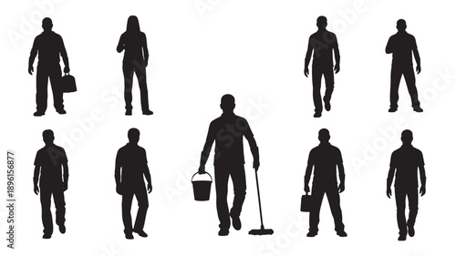 Collection of silhouetted people in various poses and occupations, showcasing different actions and professions in a minimalist style from a straightforward viewpoint.