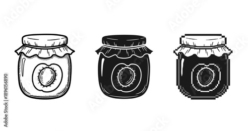 Black and white jam jar illustrations showcasing vintage and pixel art styles