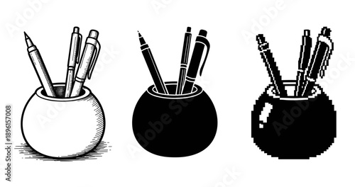 Set of artistic pen holders in different styles and shades