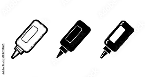 Vector set of glue bottle icons: outline, solid, and pixel art styles