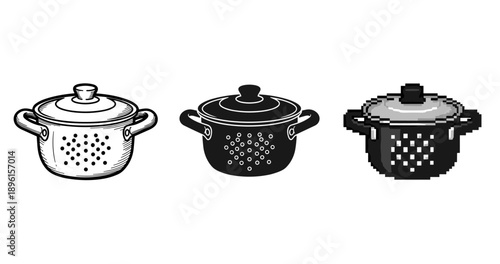Vintage, modern, and pixel art styles of cooking pots in black and white