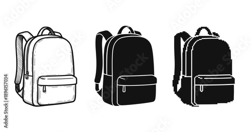 Set of three backpacks in outline, silhouette, and pixel art styles