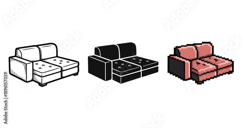 Three sofa styles: line art, solid black, and pixelated designs