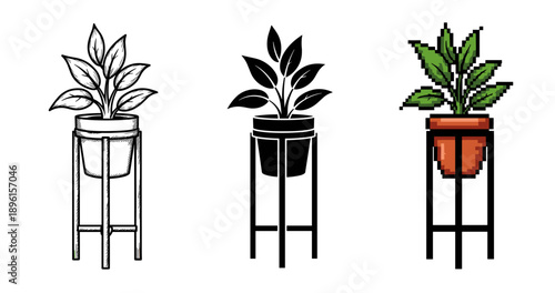 Three plant styles: sketch, silhouette, pixel art on stands
