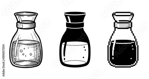 Three stylized bottle illustrations: sketch, ink, pixel art variations