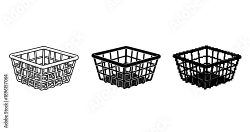 Comparison of basket models: wireframe, solid, and pixelated designs