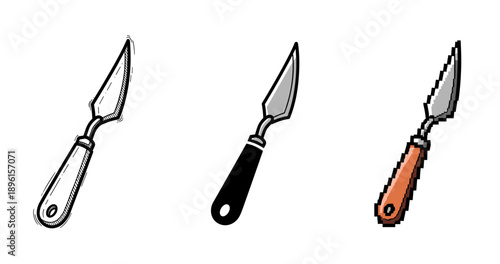 Three cheese knives in different art styles on white background