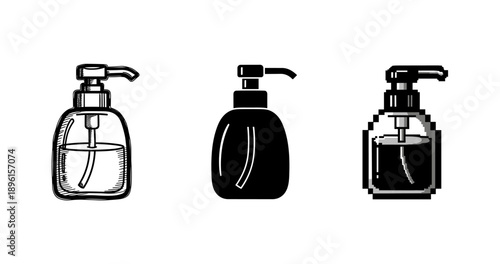 Set of three soap dispenser icons in sketch, solid, and pixel art styles