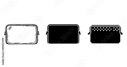 Three artistic black and white laptop bags: textured, minimalist, pixel art designs