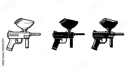 Three paintball guns in different art styles: sketch, solid, pixelated
