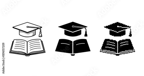 Graduation hats and open books icons in black and white