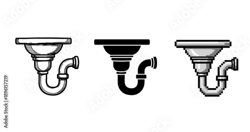 Triple sink drain design: sketch, silhouette, pixel art variations