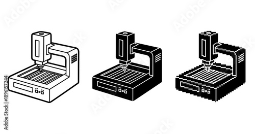 Isometric 3d printers in line art, silhouette, and pixel styles