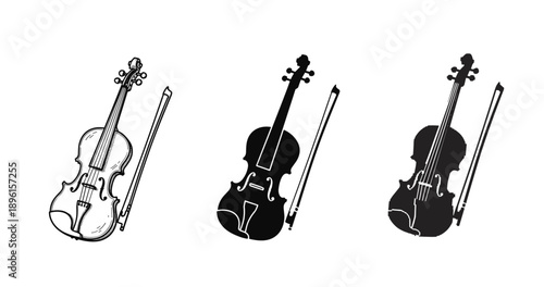 Three stylized violin illustrations with bows in black and white design