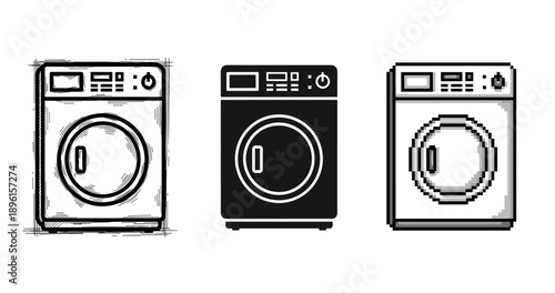 Stylized trio of washing machines: sketch, solid, and pixel art designs