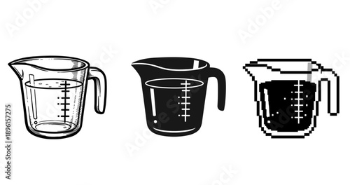 Three styles of measuring cups: hand-drawn, silhouette, pixel art comparison