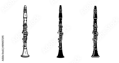 Illustrations of three clarinets in different styles and designs