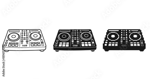 Three dj turntables in outline, solid, and pixel art styles