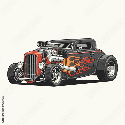 Classic Hot Rod Car with Flames and Supercharger Illustration