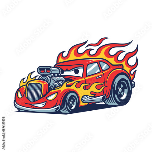 Cartoon Hot Rod Car with Flames and Powerful Engine