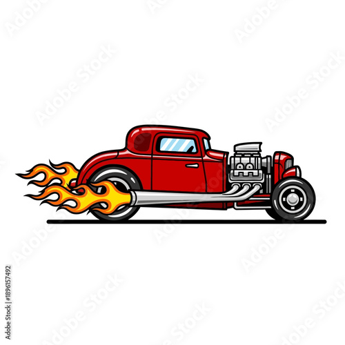 Red Hot Rod Car with Flames Exhaust - Vintage Custom Vehicle