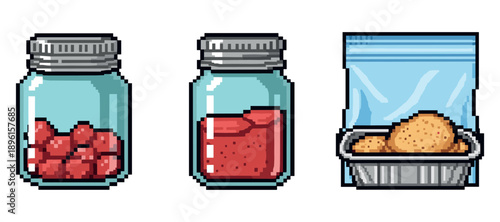 Pixel art food: jars with berries, tomato sauce, and container with cookies. Not editable stroke