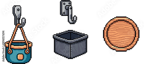 Pixel art hanging bucket metal hooks wooden barrel icons. Not editable stroke