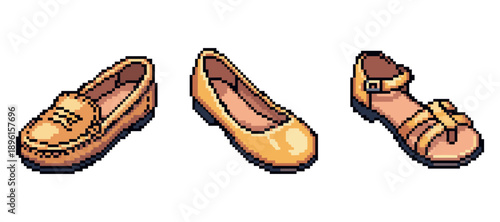 Three pixel art shoes: loafer, ballet flat, sandal in pastel tones. Not editable stroke