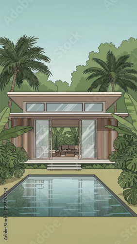 Modern tropical villa with pool, palm trees, and contemporary architecture by the water.