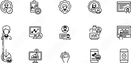 Human Resources and Business Management Line Icon Set with Recruitment, Analytics and Communication Symbols
