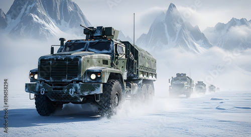 Military convoy of armored trucks driving through a snow-covered landscape with dramatic mountains in the background.