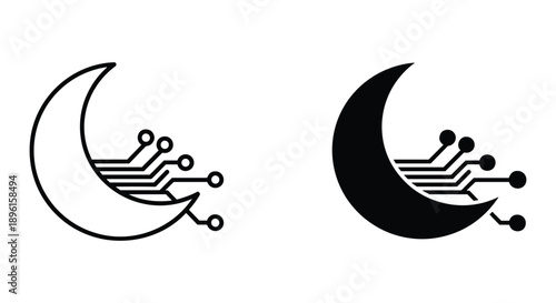 Crescent Moon with Circuit Board Elements in Black and White