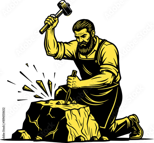 Bearded Man Hammering Metal on Anvil.