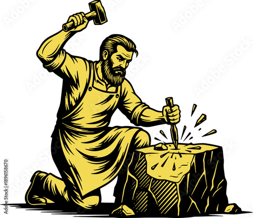 Blacksmith hammering metal on anvil.