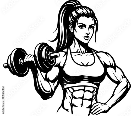 Illustration of Muscular Woman Lifting Dumbbell.