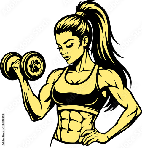 Illustration of Muscular Woman Lifting Dumbbell.