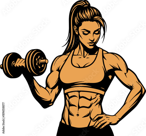 Illustration of Muscular Woman Lifting Dumbbell.