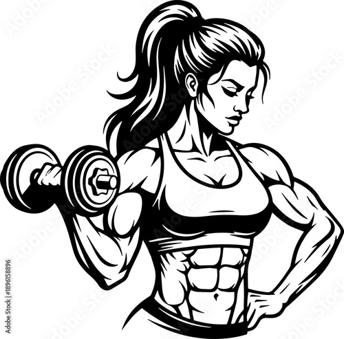 Illustration of Muscular Woman Lifting Weights.