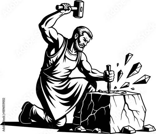 Man Sculpting Stone with Hammer and Chisel.