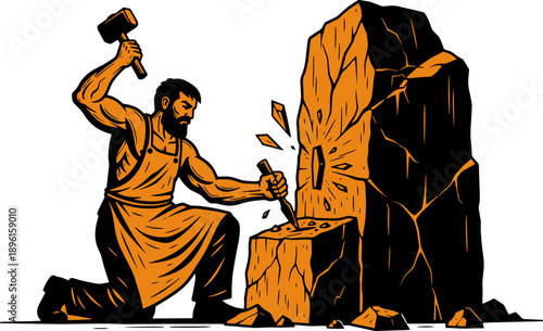 Man Sculpting Stone with Hammer and Chisel.