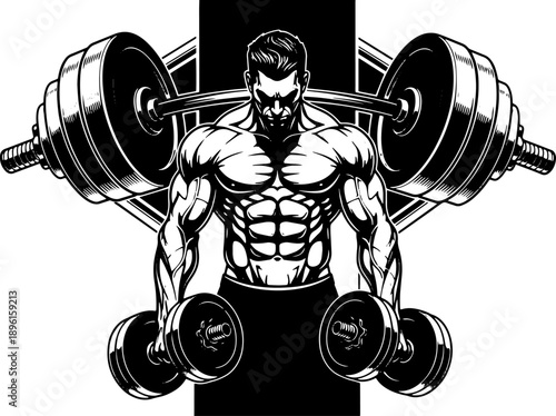 Muscular Man Lifting Dumbbells Illustration.