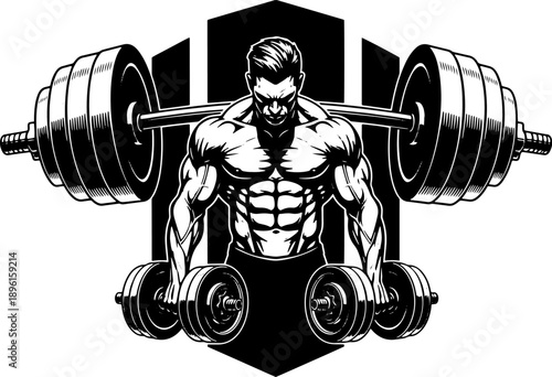 Muscular Man Lifting Heavy Barbell Illustration.