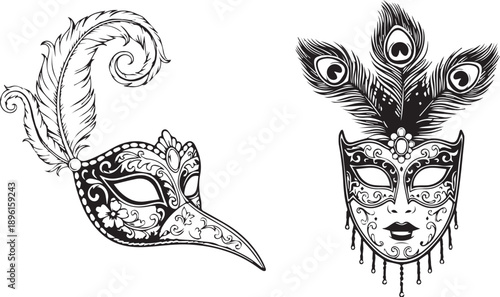 Black and white vector illustration of two ornate masquerade masks with feathers and floral decorative details