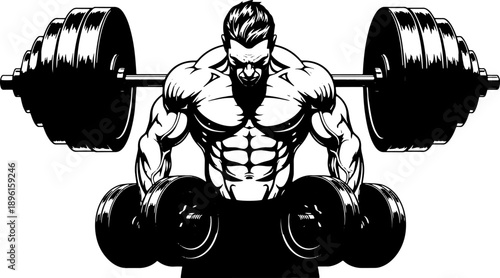 Muscular Man Lifting Heavy Barbell Weights.