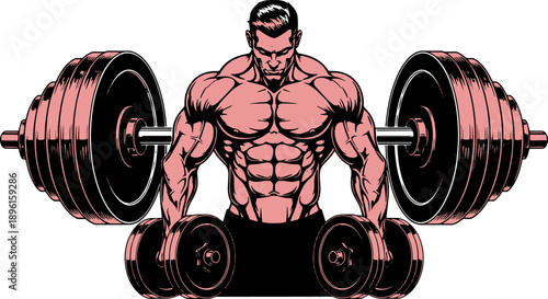 Muscular Man Lifting Heavy Barbell Weights.