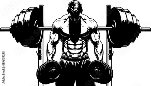 Muscular Man Lifting Heavy Barbell Weights.