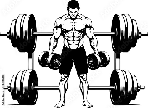 Muscular Man Lifting Heavy Weights Illustration.