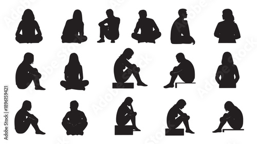 Collection of silhouetted people sitting in various poses on different objects, viewed from multiple angles, showcasing diverse relaxation techniques and postures in a minimalist style
